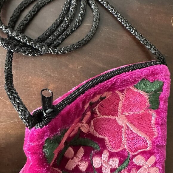 Pink Boho Embroidered Floral Guatemalan Crossbody Bohemian Purse Zip Fringe - Picture 4 of 7